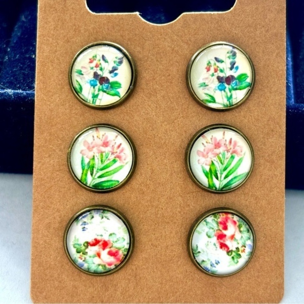 3 Pairs of 12mm Glass Cabochon Floral Print Stud Earrings, NWT, Handmade, Unworn